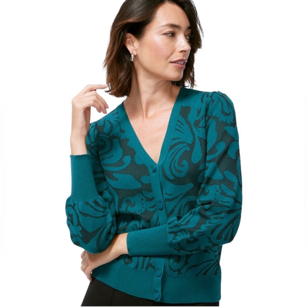 Chico’s Mesh Jacquard Button Front Cardigan Emerald Green Size 2/L